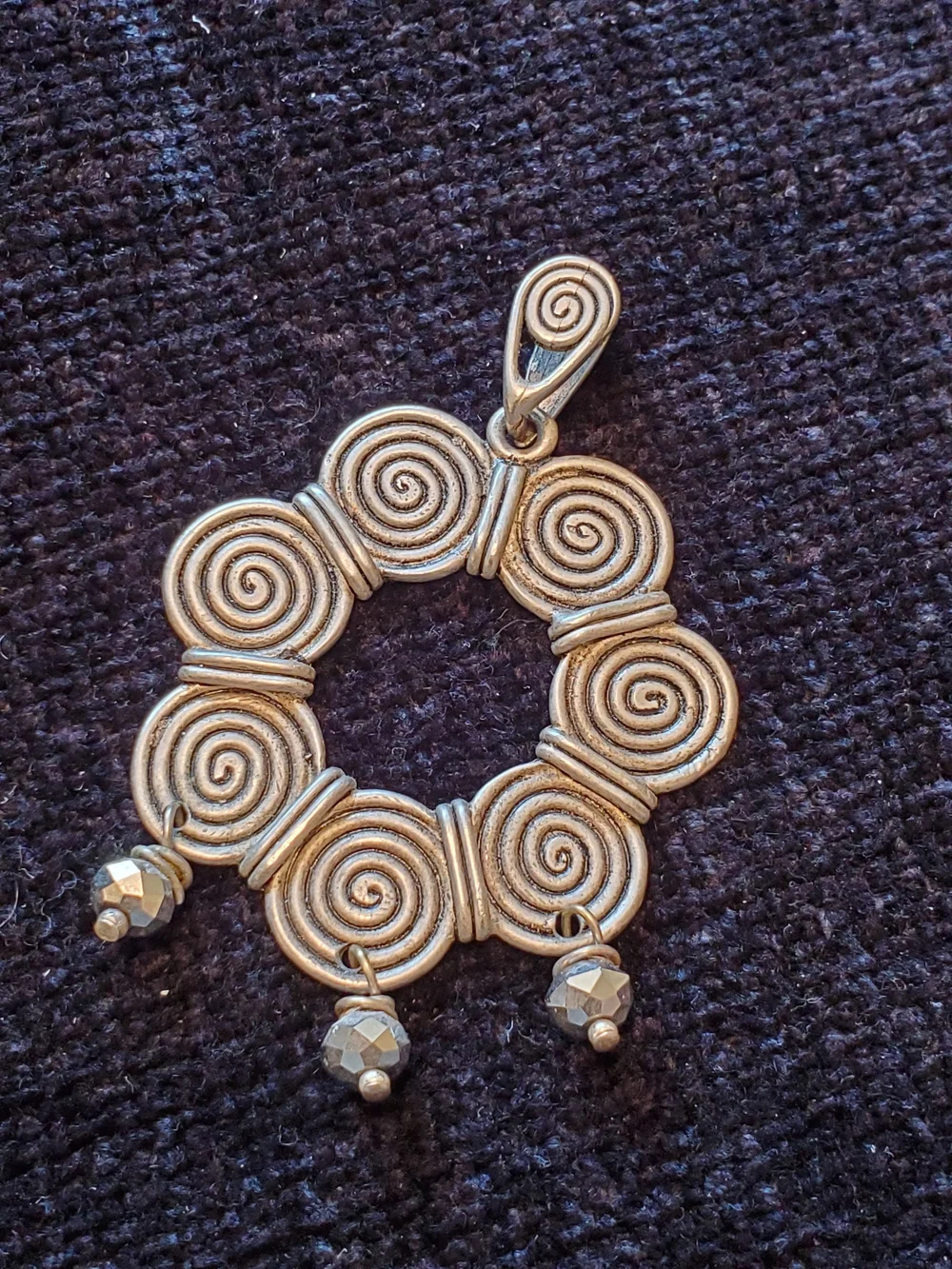 Spiral Circle Silver Pewter Pendant with Dangle Beads